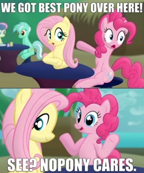 Size: 3230x3862 | Tagged: safe, artist:frogem, edit, bon bon, fluttershy, lyra heartstrings, pinkie pie, sweetie drops, earth pony, pegasus, pony, unicorn, g4, 2 panel comic, :o, beach, best pony, caption, comic, female, high res, hoof pointing, image macro, jurassic park, mare, movie reference, nobody cares, nopony cares, open mouth, raised hooves, table, text