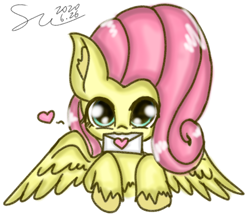 Size: 524x470 | Tagged: safe, artist:starflashing twinkle, fluttershy, pegasus, pony, g4, :3, cute, female, hooves, letter, looking at you, shyabetes, simple background, solo, white background, wings
