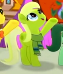 Size: 253x297 | Tagged: safe, screencap, lime essence, earth pony, pony, g4, rainbow roadtrip, background pony, clothes, cropped, dot cutie mark, female, green pony, happy, mare, op i can't see shit, scarf, solo focus