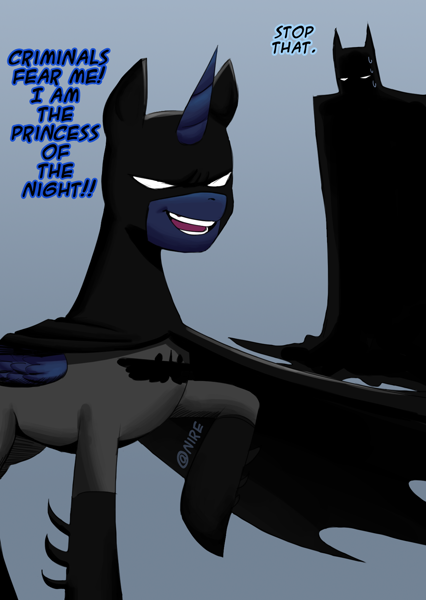 2384025 - safe, artist:nire, princess luna, alicorn, human, batman,  batmare, bodysuit, cape, clothes, duo, female, frown, mare, mask, smiling,  white eyes - Derpibooru