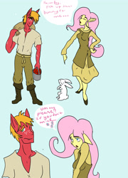 Size: 3600x5000 | Tagged: safe, artist:nazzara, angel bunny, big macintosh, fluttershy, rabbit, anthro, g4, animal, apple, blue background, boots, bucket, clothes, dress, female, food, freckles, male, movie reference, pants, sack, ship:fluttermac, shipping, shirt, shoes, simple background, speech bubble, straight, talking, the princess bride