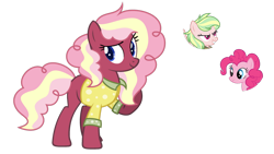 Size: 1024x577 | Tagged: safe, artist:sapphiretwinkle, pinkie pie, oc, oc:sugar wings, earth pony, pony, g4, clothes, female, mare, shirt, simple background, transparent background