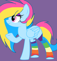 Size: 2092x2248 | Tagged: safe, artist:circuspaparazzi5678, oc, oc only, oc:pansexual, pegasus, pony, base used, clothes, eyeshadow, high res, makeup, rainbow socks, smiling, socks, solo, striped socks