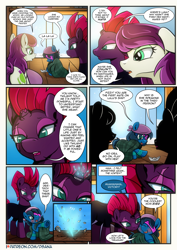 Size: 2480x3508 | Tagged: safe, artist:dsana, fizzlepop berrytwist, tempest shadow, oc, oc:lullaby dusk, oc:thistledown, earth pony, pegasus, pony, unicorn, comic:a storm's lullaby, g4, comic, cute, dialogue, female, filly, high res, mare, misspelling, nuzzling, one eye covered, paper boat, pirate outfit, playing, smiling, when she smiles