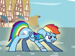 Size: 648x486 | Tagged: safe, alternate version, artist:flutterluv, rainbow dash, pony, g4, animated, atg 2020, bracelet, female, gif, glowing, gritted teeth, jewelry, newbie artist training grounds, one eye closed, solo, sweat, sweatdrops