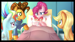 Size: 2208x1242 | Tagged: safe, artist:sir art, applejack, cheese sandwich, pinkie pie, rainbow dash, oc, oc:cup and cake, earth pony, pony, g4, baby, baby pony, base used, conjoined, conjoined twins, female, male, offspring, parent:cheese sandwich, parent:pinkie pie, parents:cheesepie, ship:cheesepie, shipping, siblings, sisters, straight