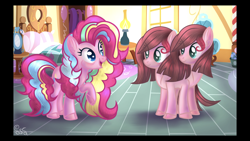 Size: 2208x1242 | Tagged: safe, artist:sir art, pinkie pie, oc, oc:cup and cake, pony, g4, conjoined, conjoined twins, female, next generation, offspring, parent:cheese sandwich, parent:pinkie pie, parents:cheesepie