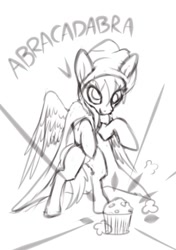 Size: 487x690 | Tagged: safe, artist:calena, derpibooru exclusive, derpy hooves, g4, black and white, cape, clothes, food, grayscale, hoodie, monochrome, muffin, sketch, standing up, wings