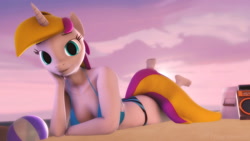 Size: 1920x1080 | Tagged: safe, artist:gr-vinyl-scratch, oc, oc:sprinkles, anthro, 3d, barefoot, beach, beach ball, bikini, boombox, breasts, cleavage, clothes, cooler, feet, female, source filmmaker, swimsuit, the pose