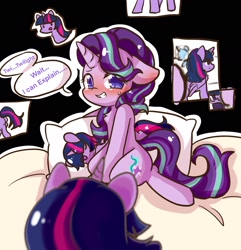 Size: 1596x1653 | Tagged: safe, artist:yilo, starlight glimmer, twilight sparkle, alicorn, pony, unicorn, g4, blushing, body pillow, butt, caught, chest fluff, dialogue, ear blush, embarrassed, female, grin, human shoulders, i can explain, lesbian, nervous, nervous smile, plot, ship:twistarlight, shipping, smiling, solo focus, stalker shrine, sweat, sweatdrop, twilight sparkle (alicorn)