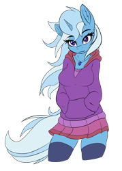 Size: 2560x3578 | Tagged: safe, artist:ambris, artist:calena, edit, editor:calena, trixie, unicorn, anthro, g4, adorasexy, alternate hairstyle, breasts, cleavage, clothes, cute, diatrixes, ear fluff, female, gem, high res, hoodie, jewelry, lidded eyes, miniskirt, sapphire, sexy, simple background, skirt, smiling, socks, solo, sweater, thigh highs, transparent background, wind, zettai ryouiki