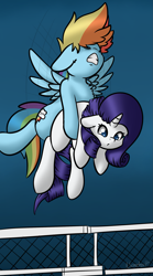 Size: 1397x2508 | Tagged: safe, artist:llametsul, rainbow dash, rarity, pegasus, pony, unicorn, g4, atg 2020, carrying, chest fluff, female, flying, gate, gradient background, holding a pony, horn, lifting, misleading thumbnail, newbie artist training grounds, struggling, wings