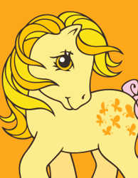 Size: 210x270 | Tagged: safe, butterscotch (g1), butterfly, earth pony, pony, g1, official, cutie mark, female, retro, solo
