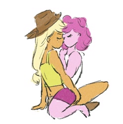 Size: 1560x1573 | Tagged: safe, artist:laya-21, applejack, pinkie pie, human, equestria girls, g4, butt touch, duo, female, hand on butt, holding each other, kissing, lesbian, ship:applepie, shipping