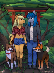 Size: 1400x1900 | Tagged: safe, artist:varllai, applejack, winona, oc, oc:hiroki, oc:isamaru, dog, anthro, plantigrade anthro, g4, anthro oc, bedroom eyes, boots, canon x oc, clothes, commission, cowboy boots, forest, hirojack, holding hands, lidded eyes, looking at each other, shoes, smiling, torii, walking