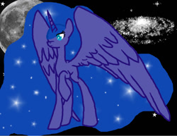 Size: 1017x786 | Tagged: safe, artist:bouclethe42, princess luna, alicorn, pony, g4, female, galaxy, large mane, large wings, moon, solo, wings
