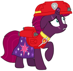 Size: 1087x1047 | Tagged: safe, alternate version, artist:徐詩珮, fizzlepop berrytwist, tempest shadow, pony, unicorn, series:sprglitemplight diary, series:sprglitemplight life jacket days, series:springshadowdrops diary, series:springshadowdrops life jacket days, g4, alternate universe, broken horn, clothes, cute, cutie mark, cutie mark on clothes, dress, eye scar, eyelashes, female, floppy ears, gritted teeth, helmet, horn, looking up, mare, marshall (paw patrol), paw patrol, paw prints, raised hoof, scar, simple background, solo, transparent background