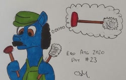 Size: 1081x694 | Tagged: safe, artist:rapidsnap, oc, oc only, pony, clothes, facial hair, luigi, male, moustache, overalls, plumber, plunger, solo, toilet brush, traditional art