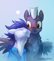 Size: 1779x2000 | Tagged: safe, artist:jedayskayvoker, soarin', thunderlane, pegasus, pony, g4, blue background, blushing, chest fluff, clothes, colored, colored sketch, cute, eyes closed, featured image, floppy ears, folded wings, full color, gay, happy, heart, male, neck fluff, nuzzling, open mouth, shipping, shirt, signature, simple background, sketch, smiling, soarilane, soarinbetes, spread wings, stallion, sweet dreams fuel, thunderbetes, uniform, wings, wonderbolts, wonderbolts dress uniform
