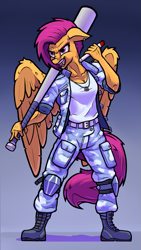 Size: 1189x2101 | Tagged: safe, artist:hc0, scootaloo, anthro, g4, baseball bat, boots, clothes, dog tags, ear piercing, earring, eyebrow piercing, female, floppy ears, injection, jacket, jewelry, older, pants, piercing, shirt, shoes, solo
