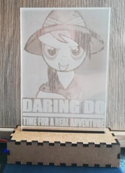 Size: 1024x1412 | Tagged: safe, artist:themisto97, daring do, pegasus, pony, g4, acrylic plastic, acrylight, craft, engraving, female, grin, hat, hope poster, lasercut, led, mare, nightlight, photo, smiling, solo, text