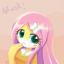 Size: 800x800 | Tagged: safe, artist:howxu, fluttershy, equestria girls, g4, :3, coronavirus, covid-19, cute, face mask, female, hand on mouth, looking at you, mask, shyabetes, solo, whiskers