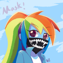 Size: 800x800 | Tagged: safe, artist:howxu, rainbow dash, equestria girls, g4, coronavirus, covid-19, face mask, female, looking at you, mask, solo