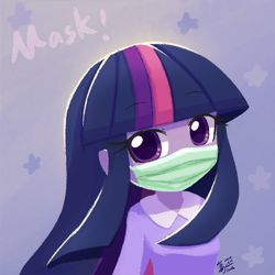 Size: 800x800 | Tagged: safe, artist:howxu, twilight sparkle, equestria girls, g4, coronavirus, covid-19, female, looking at you, mask, solo, surgical mask