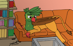 Size: 4450x2825 | Tagged: safe, artist:summerium, oc, oc only, oc:kalimu, griffon, book, bookshelf, couch, grooming, preening, solo
