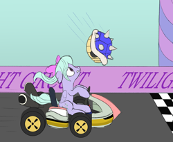 Size: 1650x1350 | Tagged: safe, artist:nitei, flitter, pegasus, pony, g4, atg 2020, blue shell, bowser, female, finish line, kart, looking up, male, mare, mario kart, newbie artist training grounds, solo