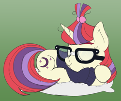 Size: 1725x1450 | Tagged: safe, artist:nitei, moondancer, pony, unicorn, g4, atg 2020, clothes, eyes closed, female, glasses, gradient background, hairband, mare, newbie artist training grounds, pillow, prone, sleeping, solo