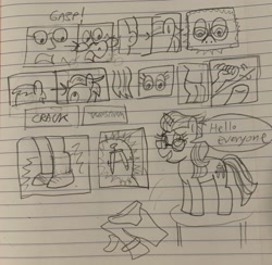 Size: 2717x2657 | Tagged: safe, artist:13mcjunkinm, north point, oc, oc:james "jimmy" thomas hook, pony, unicorn, fanfic:point the right way, g4, background pony, character to character, fanfic art, glasses, high res, human to pony, lined paper, male to female, rule 63, traditional art, transformation, transformation sequence, transgender transformation