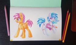 Size: 1500x894 | Tagged: safe, artist:maytee, dj pon-3, scootaloo, vinyl scratch, pegasus, pony, unicorn, g4, colored pencil drawing, smiling, traditional art