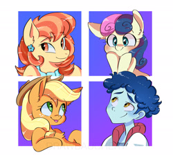 Size: 2048x1858 | Tagged: safe, artist:drawbauchery, applejack, aunt holiday, bon bon, curly winds, some blue guy, sweetie drops, earth pony, pony, equestria girls, g4, adorabon, cowboy hat, cute, ear piercing, earring, female, hat, jewelry, male, mare, one of these things is not like the others, piercing