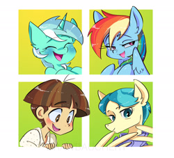 Size: 2048x1858 | Tagged: safe, artist:drawbauchery, auntie lofty, lyra heartstrings, rainbow dash, wiz kid, pegasus, pony, unicorn, equestria girls, g4, blushing, one of these things is not like the others, open mouth