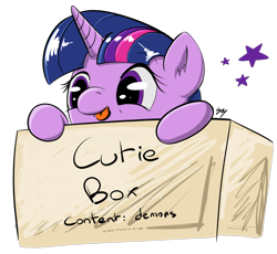 Size: 3032x2784 | Tagged: safe, artist:sny, twilight sparkle, pony, g4, :p, box, cute, ear fluff, female, high res, peeking, pony in a box, silly, silly pony, simple background, smiling, solo, stars, text, tongue out, transparent background, twiabetes, weapons-grade cute