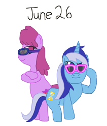 Size: 1280x1517 | Tagged: safe, artist:horroraceman93, berry punch, berryshine, minuette, earth pony, pony, unicorn, g4, duo, female, glasses, lesbian, pride month, ship:berrygate, shipping, simple background, transparent background