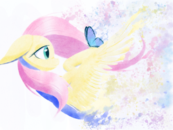 Size: 2224x1668 | Tagged: safe, artist:yamasan3121, fluttershy, butterfly, pegasus, pony, g4, bust, disintegration, fade away, female, floppy ears, hoof hold, looking at something, mare, profile, raised hoof, simple background, solo, spread wings, white background, wings