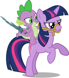 Size: 2069x2326 | Tagged: safe, artist:frownfactory, spike, twilight sparkle, dragon, pony, unicorn, a dog and pony show, g4, .svg available, dragons riding ponies, duo, female, high res, horses doing horse things, male, mare, rearing, reins, riding, simple background, spike riding twilight, svg, transparent background, unicorn twilight, vector