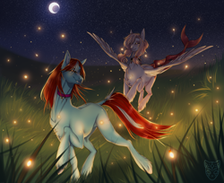Size: 4293x3500 | Tagged: safe, artist:lastaimin, oc, oc only, earth pony, firefly (insect), insect, pegasus, pony, augmented tail, female, mare, moon, night