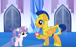 Size: 2064x1296 | Tagged: safe, artist:not-yet-a-brony, edit, flash sentry, princess flurry heart, alicorn, pegasus, pony, g4, armor, crystal empire, cute, duo, female, filly, flower, flurrybetes, foal, friendship, hallway, headcanon, heartwarming, honorary uncle, male, older, older flurry heart, present, royal guard armor, stallion, uncle flash