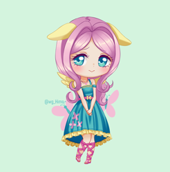 Size: 1200x1220 | Tagged: safe, artist:himo, kotobukiya, fluttershy, human, g4, :>, clothes, cute, cutie mark background, dress, eared humanization, female, floppy ears, green background, humanized, kotobukiya fluttershy, pixiv, shyabetes, simple background, solo, winged humanization, wings