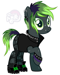 Size: 1818x2265 | Tagged: safe, artist:emperor-anri, oc, oc only, oc:ax shred, earth pony, pony, boots, clothes, ear piercing, earring, female, freckles, jacket, jewelry, leather jacket, lip piercing, mare, multicolored hair, piercing, raised hoof, shoes, simple background, solo, stockings, thigh highs, torn clothes, transparent background, wristband