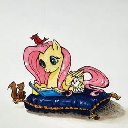 Size: 666x666 | Tagged: safe, artist:serenityroseart, angel bunny, fluttershy, bird, pegasus, pony, rabbit, squirrel, g4, animal, atg 2020, book, cropped, cute, duo, female, folded wings, mare, newbie artist training grounds, pillow, prone, reading, shyabetes, smiling, speedpaint available, traditional art, wings