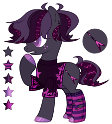 Size: 1768x1968 | Tagged: safe, artist:cholerin, oc, oc only, oc:synergy (ice1517), earth pony, pony, clothes, ear piercing, earring, female, freckles, jewelry, mare, multicolored hair, piercing, raised hoof, reference sheet, shirt, simple background, socks, solo, striped socks, t-shirt, torn clothes, transparent background, unshorn fetlocks