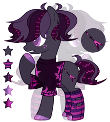 Size: 1768x1968 | Tagged: safe, alternate version, artist:cholerin, oc, oc only, oc:synergy (ice1517), earth pony, pony, clothes, ear piercing, earring, female, freckles, jewelry, mare, multicolored hair, piercing, raised hoof, reference sheet, shirt, simple background, socks, solo, striped socks, t-shirt, torn clothes, unshorn fetlocks, white background