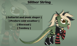 Size: 3000x1800 | Tagged: safe, artist:urzhumdraw, oc, oc only, oc:slither string, original species, pony, snake, snake pony, badge, bone, boots, choker, clothes, ear piercing, earring, female, fishnet stockings, freckles, green background, jacket, jewelry, mare, nose piercing, nose ring, piercing, pins, raised hoof, reference sheet, shoes, simple background, skull, solo, spiked choker, tongue out, tongue piercing, zoom layer