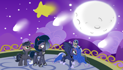 Size: 2272x1304 | Tagged: safe, artist:princessblue121, princess luna, oc, oc:midnight moon (velvetsentryyt), oc:moonlight sonata, alicorn, pony, g4, alicorn oc, baby, baby pony, horn, moon, night, offspring, parent:king sombra, parent:princess luna, parents:lumbra, shooting star, stars, wings