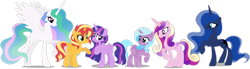 Size: 1280x354 | Tagged: safe, artist:linleo-verse, artist:selenaede, artist:strawberry-spritz, idw, princess cadance, princess celestia, princess luna, radiant hope, sunset shimmer, twilight sparkle, alicorn, pony, g4, alicornified, alternate universe, base used, flowing hair, flowing mane, flowing tail, group, hopecorn, princess radiant hope, queen cadance, queen sunset shimmer, race swap, sextet, simple background, transparent background, twilight sparkle (alicorn), wavy hair, wavy mane, wavy tail