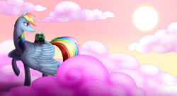 Size: 1980x1080 | Tagged: safe, artist:technodjent, rainbow dash, tank, pegasus, pony, tortoise, g4, cloud, sun